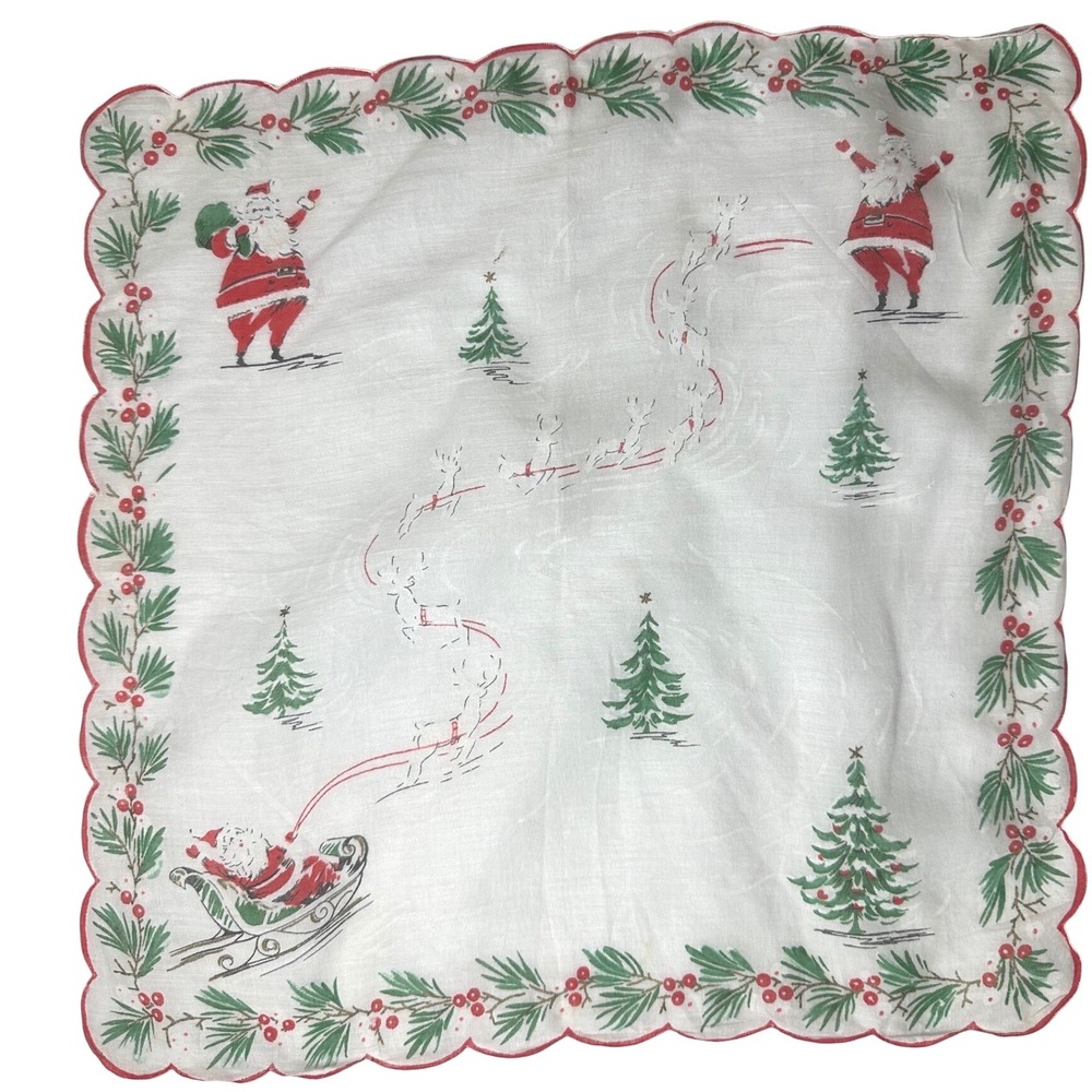 Vintage Christmas Handkerchief Santa Sleigh Reindeer Scalloped Edge 14in Square